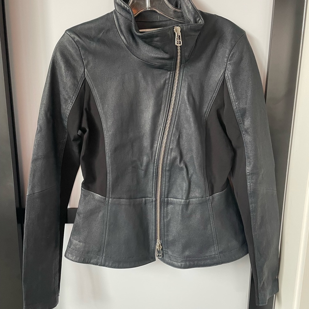 Veronica Beard Blue/Black Leather Moto Jacket Size 4